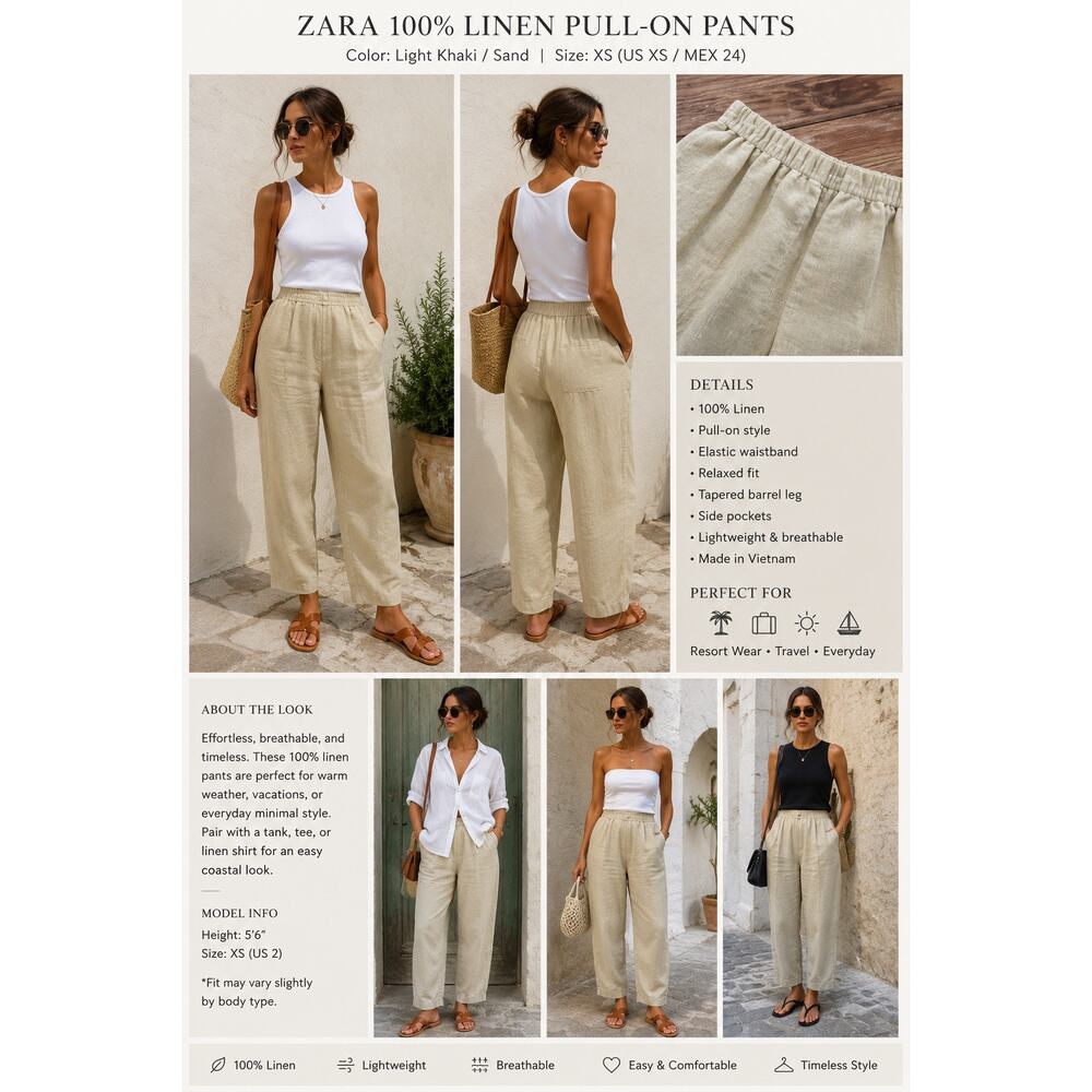 Zara 100% Linen Light Khaki Barrel Pants Size XS